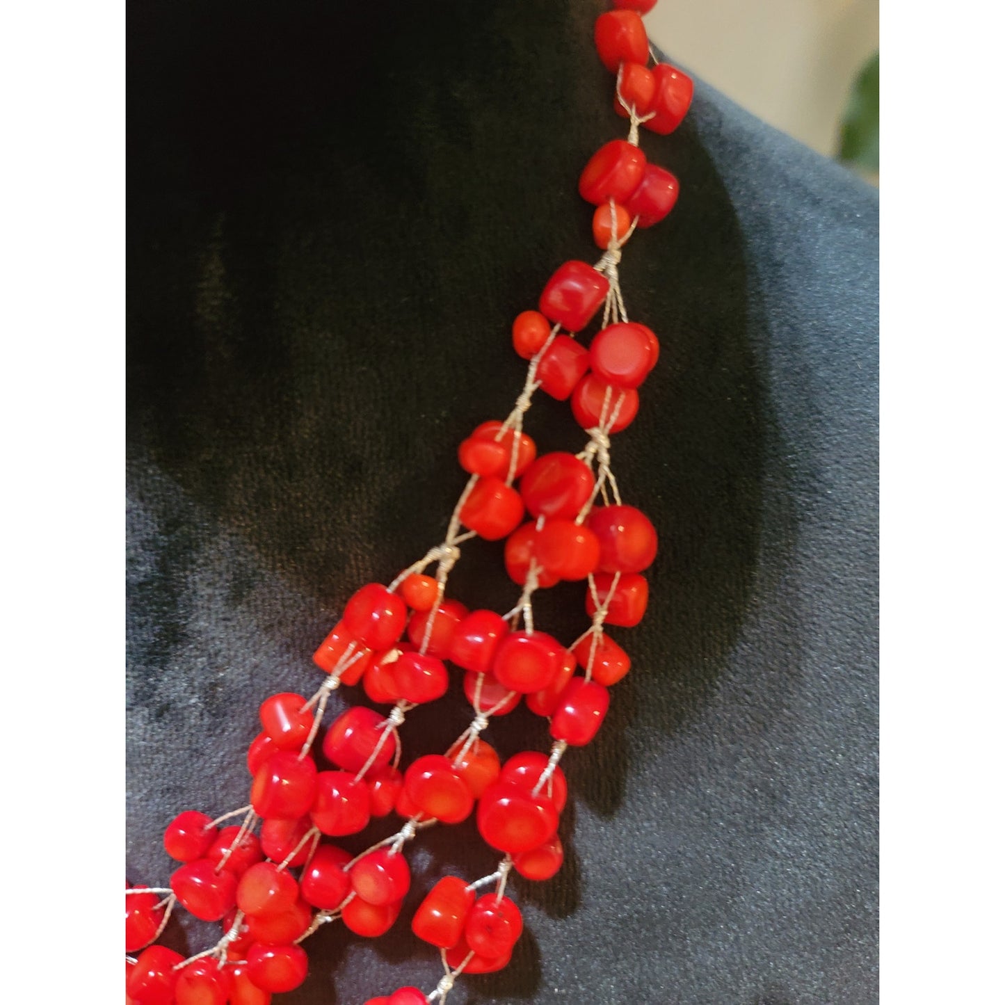 Women's Red Beaded Multi Strand Necklace With Lobster Clasp Handmade Jewelry