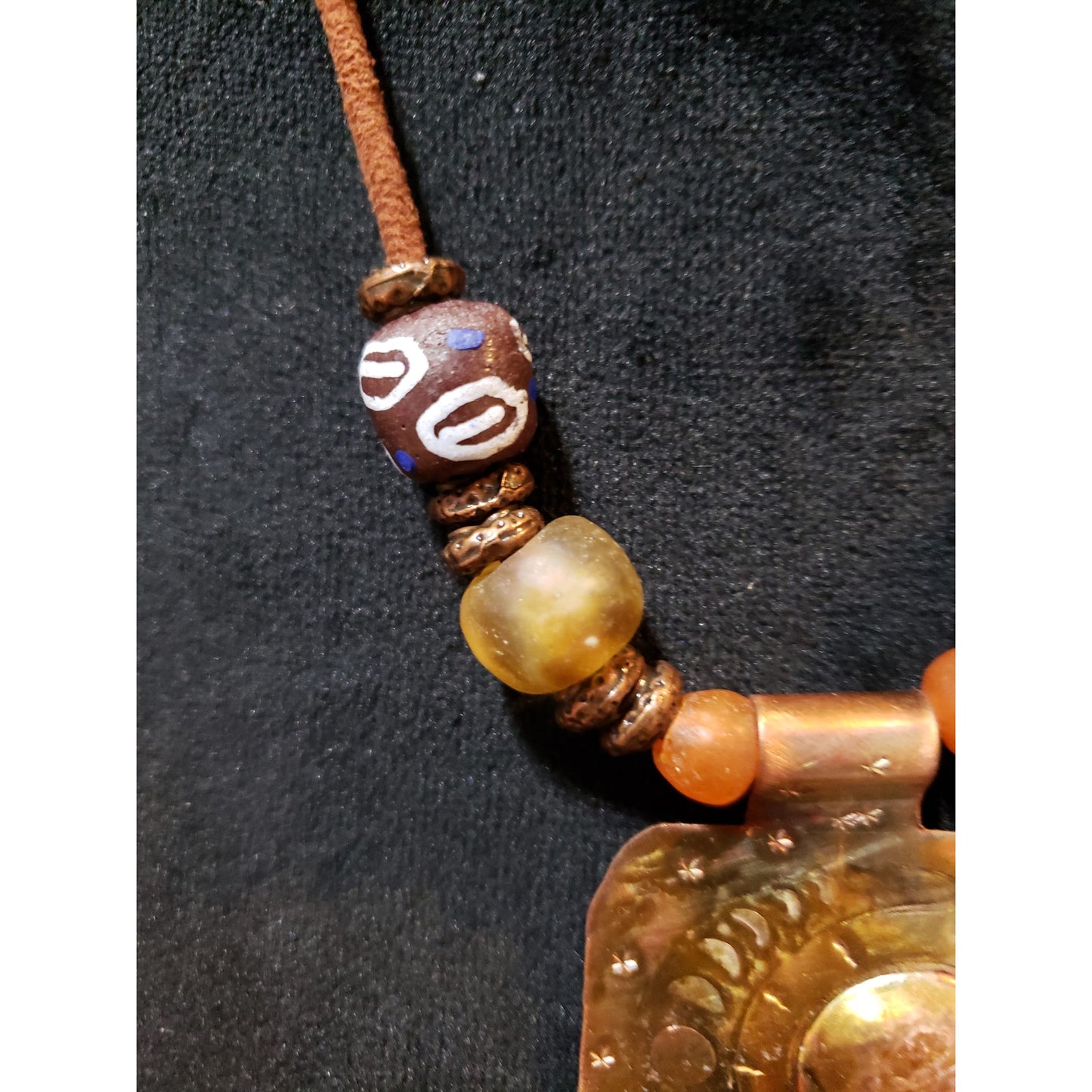 Womens Carnelian Bronze Spacers Beads on Suede Cord Carved Pendant Necklace