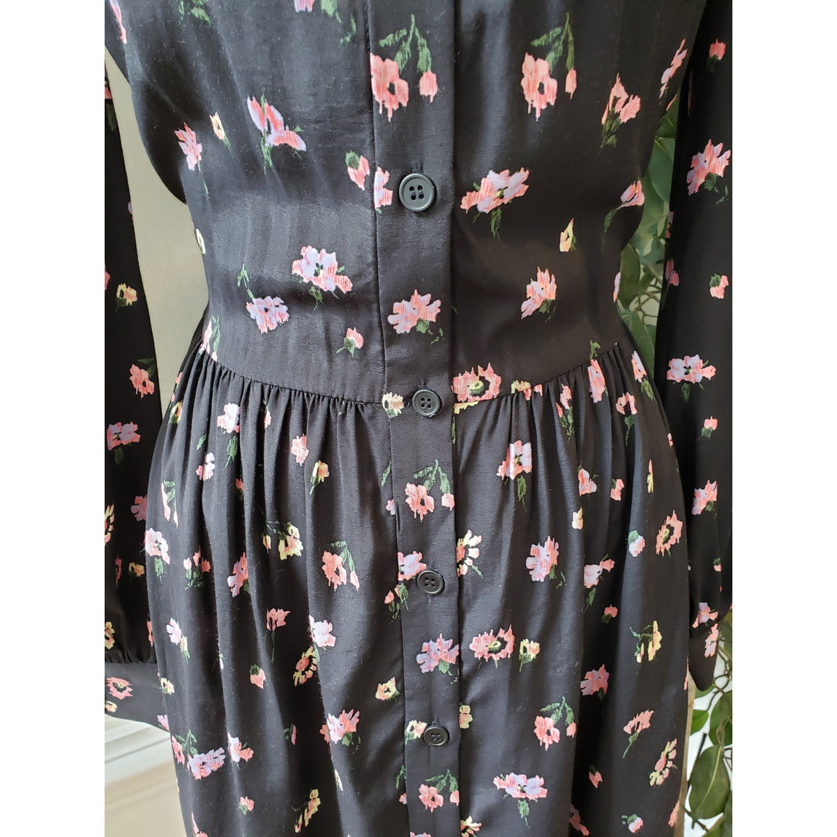 Jill Stuart Shirt Dress Women XS Black Floral Ruffle Pleated Collar Button Front