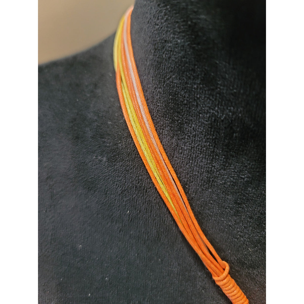 Women Statement Necklace w Earring Set Orange Geometric Pendant Multistrand Cord