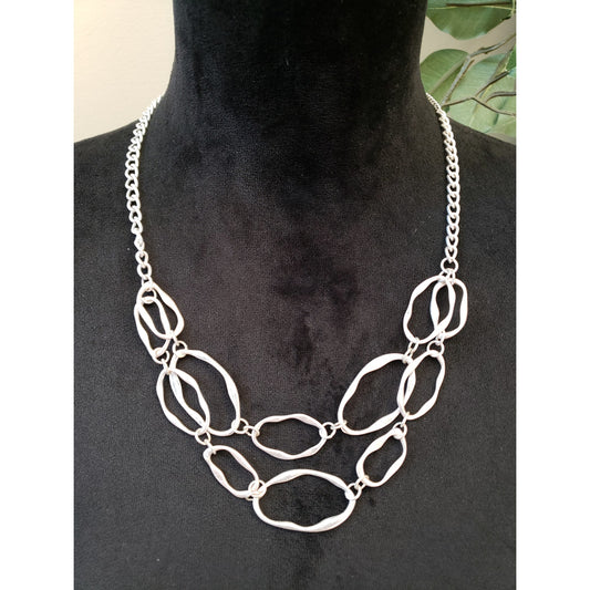 Silver Tone Hammered Link Statement Necklace Layered Geometric Chain Choker