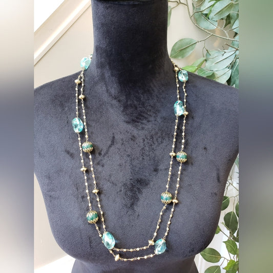 Womens Green Crystal Pearl Linked Chain Long Necklace with Lobster Clasp