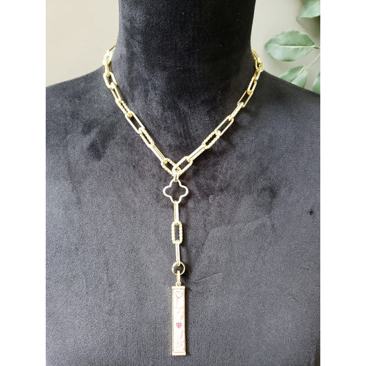 Women's Gold Chain Necklace with Pink LOVE Pendant and Lock Clasp