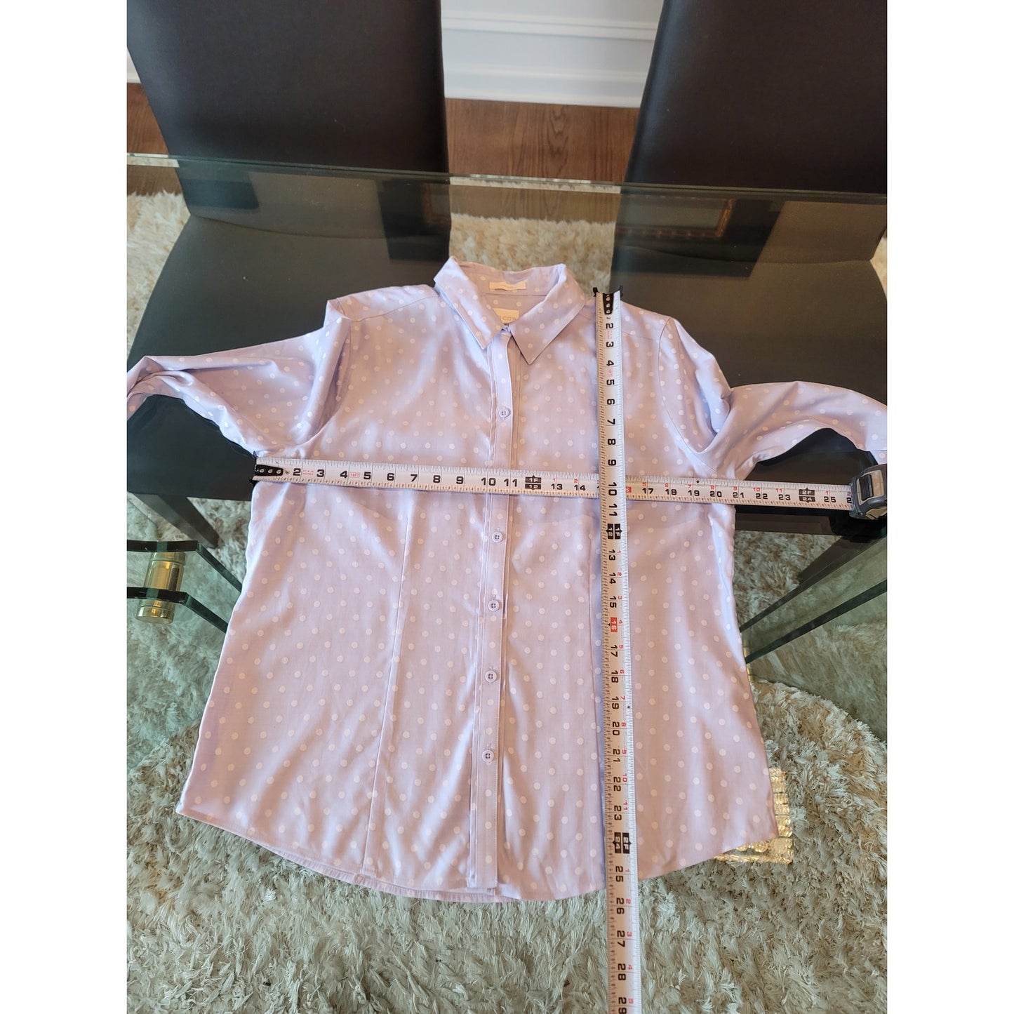 Chico's Button Front Shirt Women's Size 1 Medium Light Blue Polka Dot Cotton