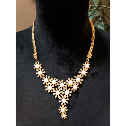 Womens Gold Tone Shimmery Faux Pearls Rhinestone Flower Statement Necklace