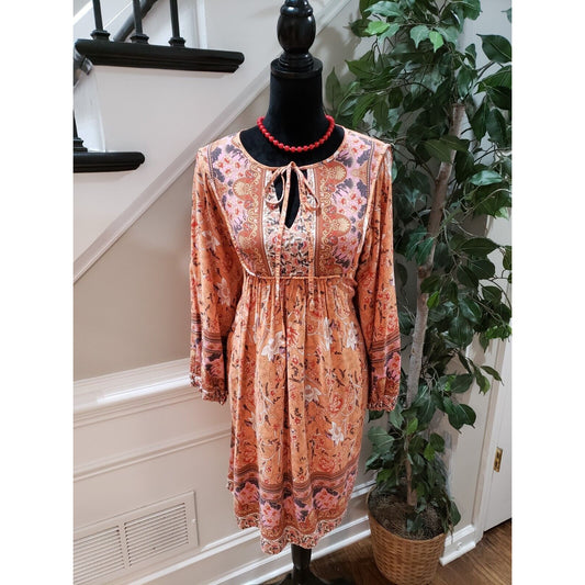 Temofon Women's Multicolor Rayon Keyhole Neck Long Sleeve Knee Length Dress XL