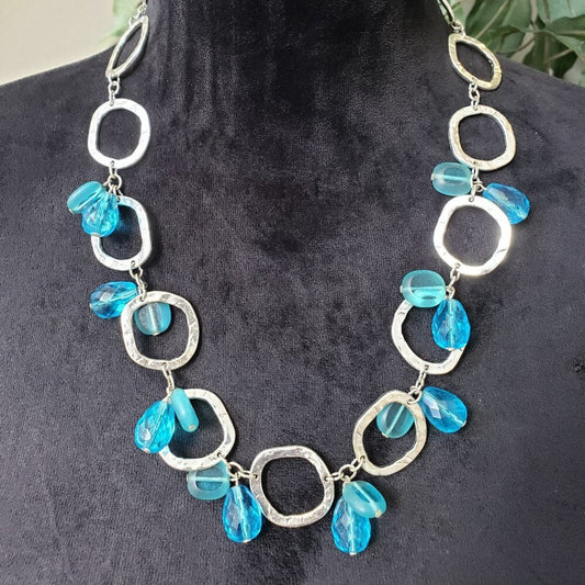 Womens Blue Beads Silver Tone Circles Links Collar Necklace Lobster Clasp
