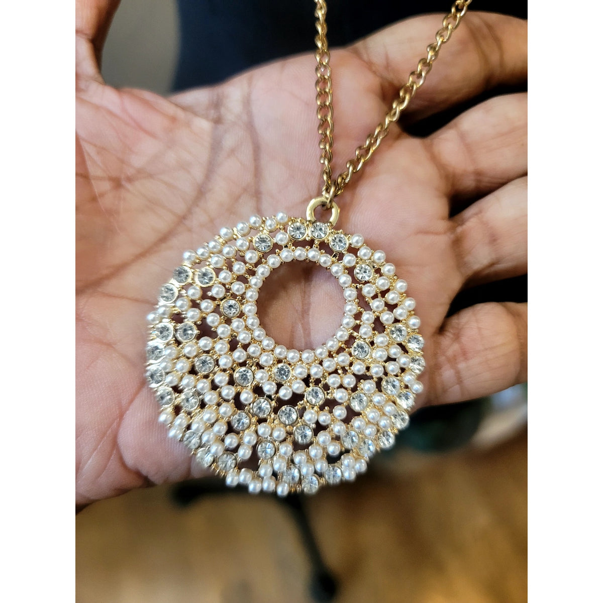 Vintage Gold Tone Long Pendant Necklace White Rhinestone Oval Statement Charm