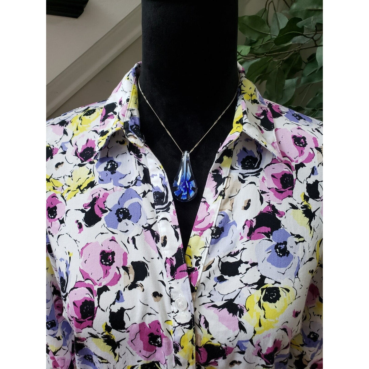 Dana Buchman Women's Multicolor Floral Collared Long Sleeve Button Down Shirt M