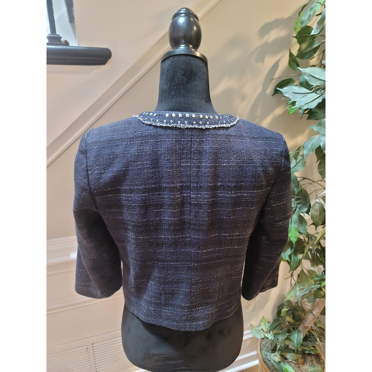 Loft Ann Taylor Blazer Jacket Women's SZ 8 Navy Blue Studded Frayed Faux Pockets