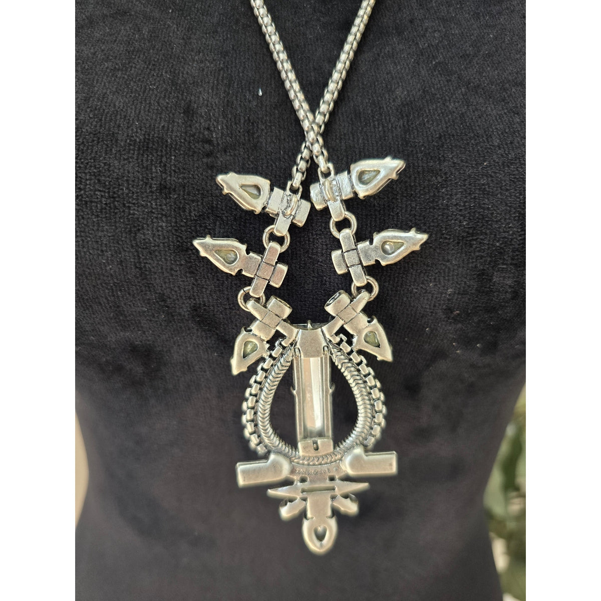 Long Silver and Gold Tone Rhinestone Statement Pendant Necklace