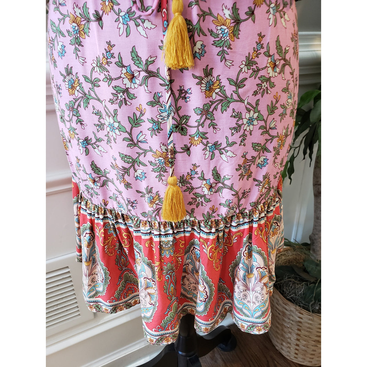 Aakaa Boho Strapless Dress Women’s Size M Pink Floral Paisley Rayon Festival