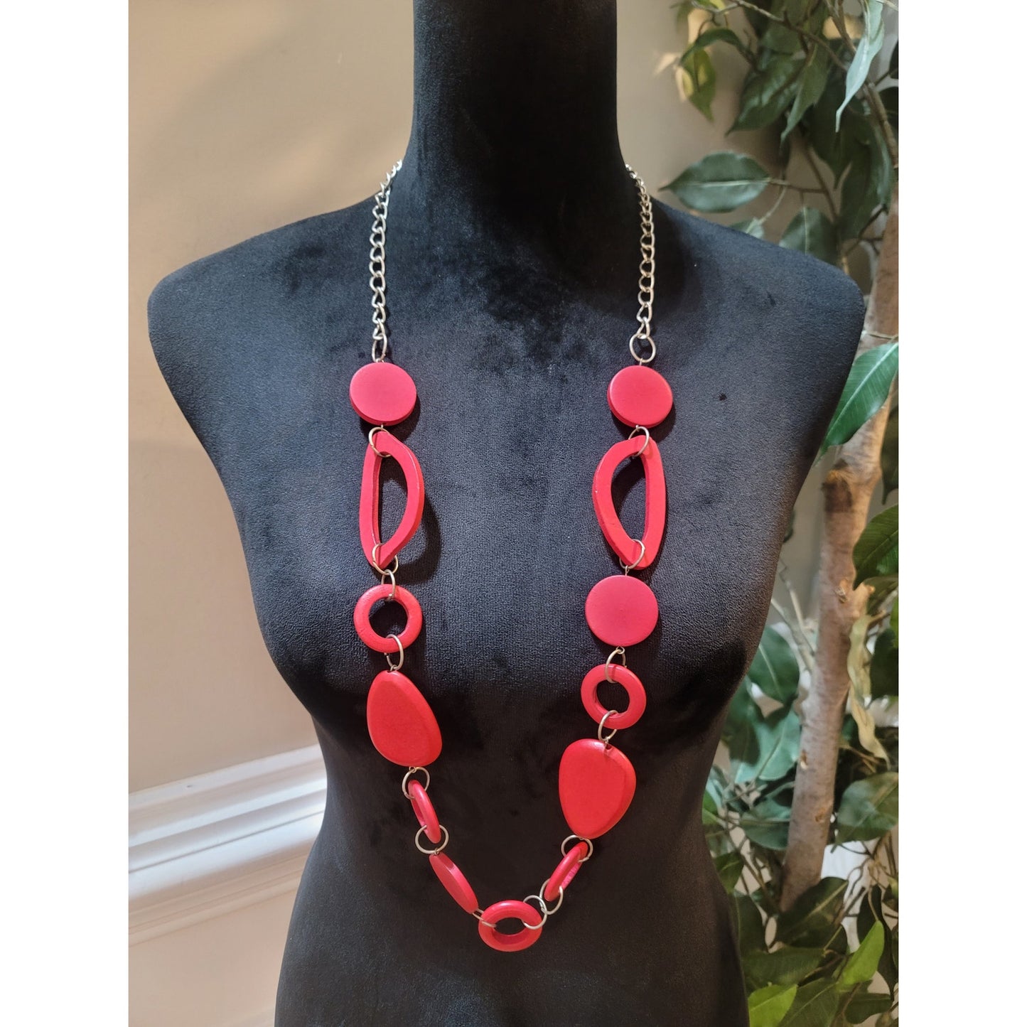 Women's Red Statement Necklace With Geometric Beads And Lobster Clasp Lock
