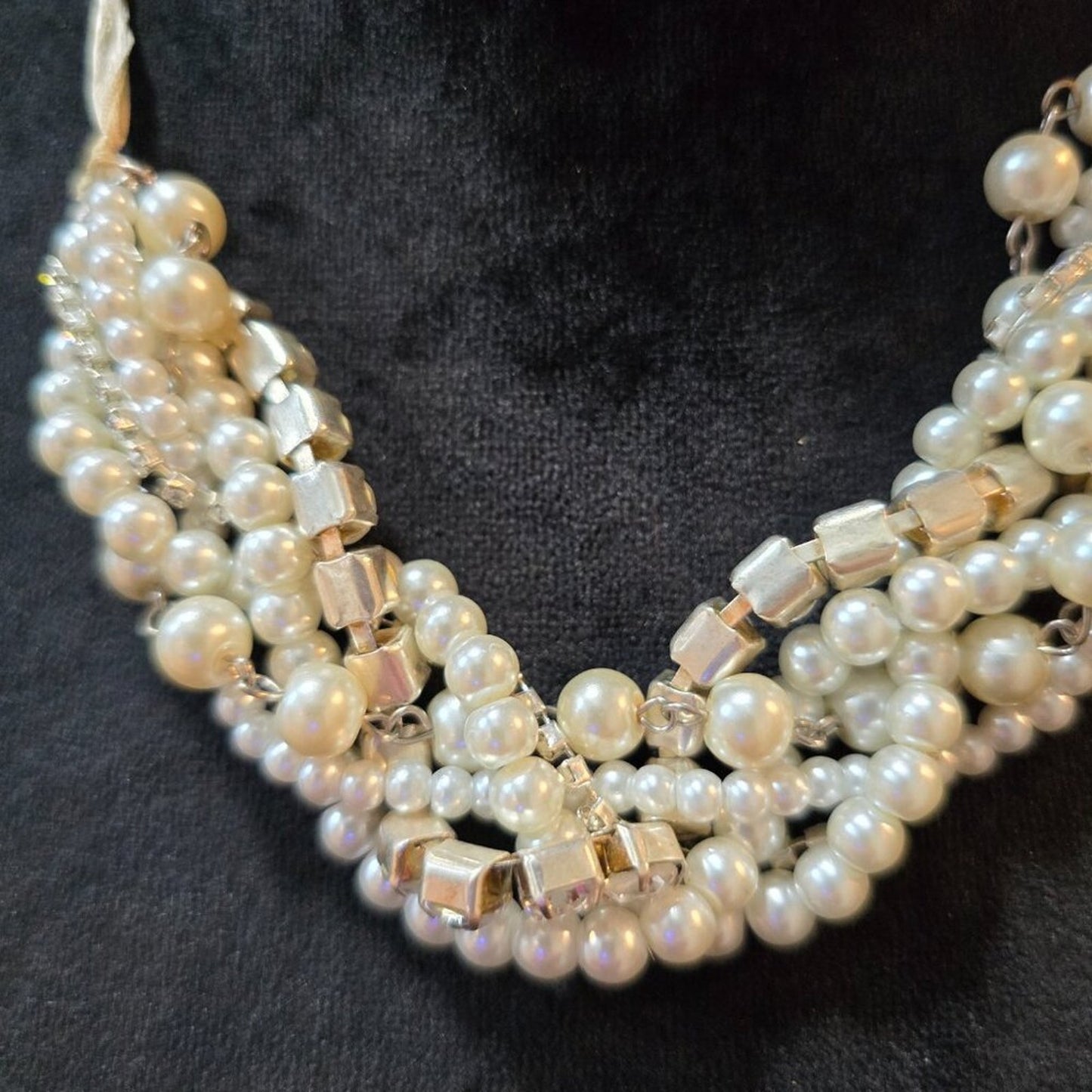 Womens Fashion White Layer Pearls Rhinestone Chunky Statement Necklace