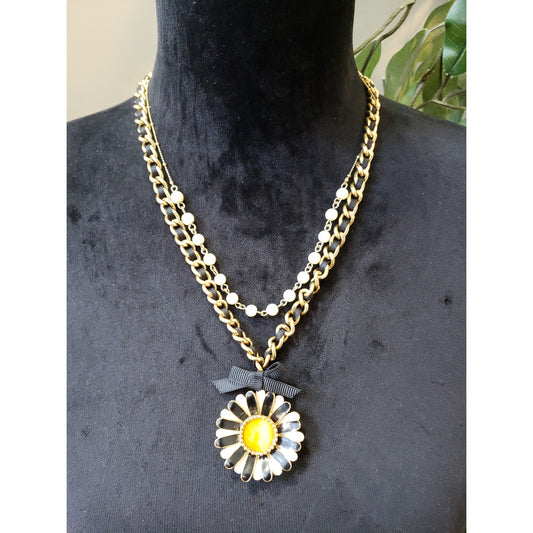 Women Statement Necklace Gold Tone Pearl Chain Yellow Flower Pendant Jewelry
