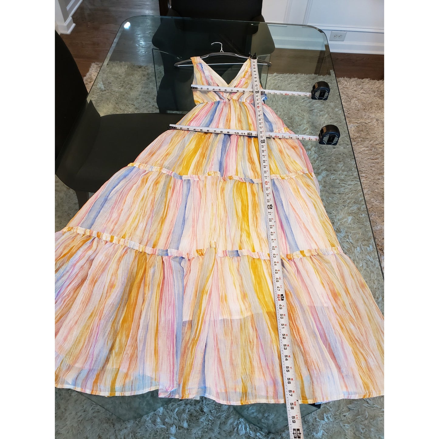 Fashion Nova Long Maxi Dress Womens S Yellow Combo Cinch Waist Tier Drop Stripe