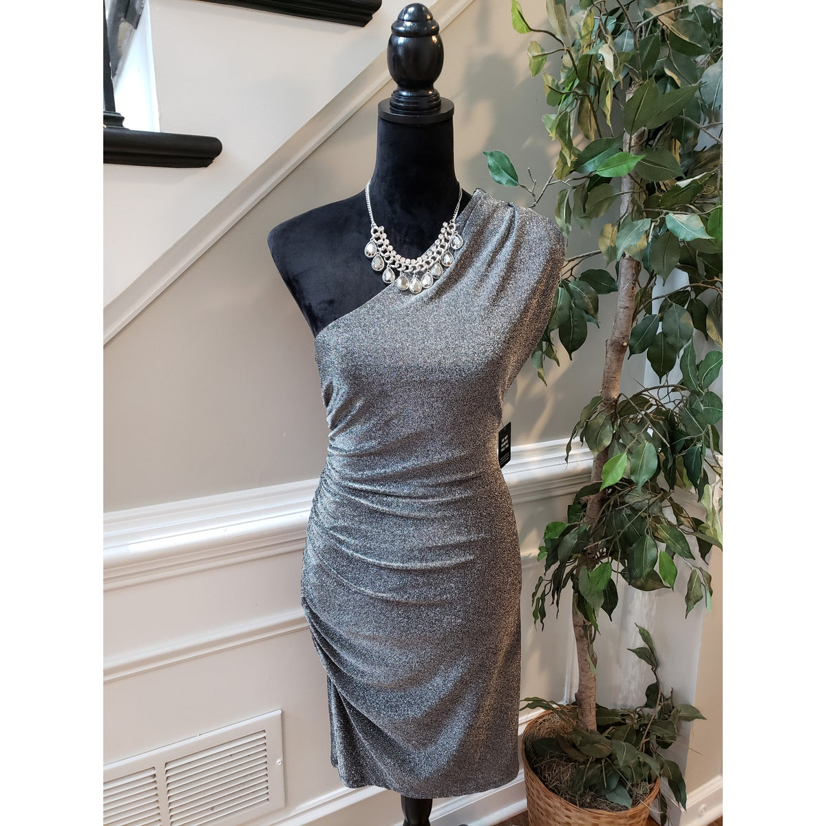 Express Dress Women M Silver Metallic One Shoulder Ruched Bodycon Party NWT