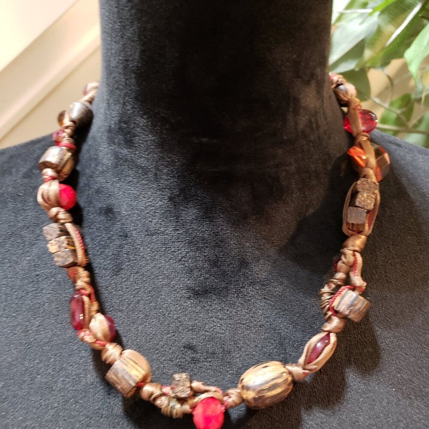 Women Brown Ribbon Wrapped Wood & Crystel Bead Collar Necklace with S Hook Clasp