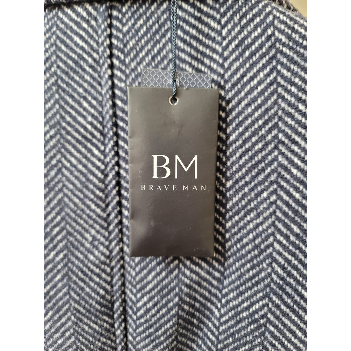Brave Man Overcoat Men's Medium Navy Polyester Blend Herringbone Two Pockets