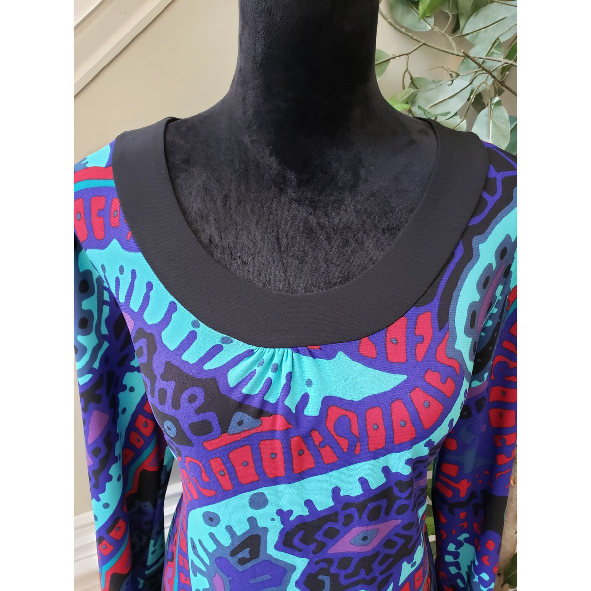 Kupcake Shift Dress Women's Size Large Blue Black Round Neck Long Sleeve