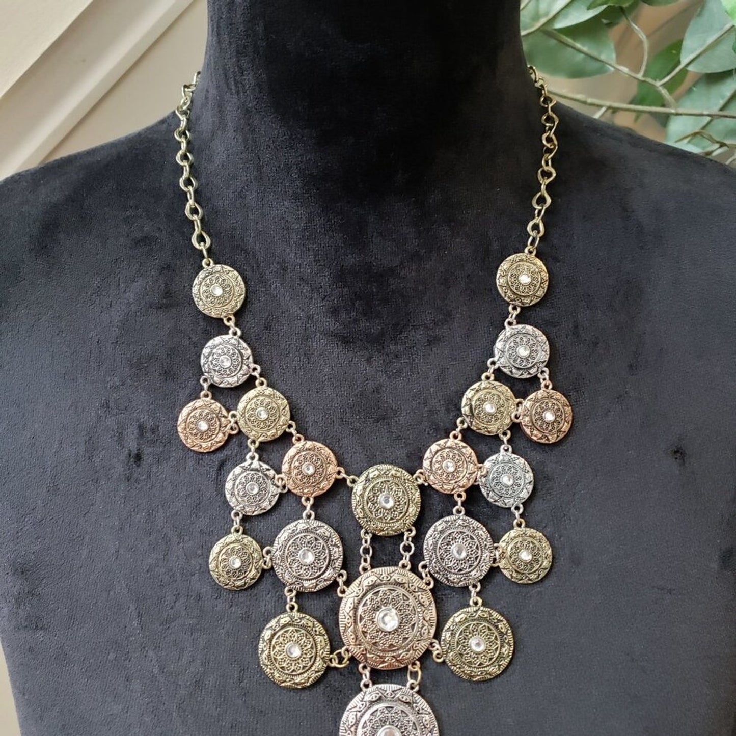 Womens Silver Gold Medallion Pendant Rhinestone Copper Tone Bib Necklace