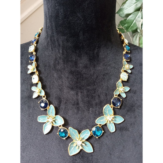Blue Enamel Flower Rhinestone Statement Necklace Gold Tone Floral Bib Wedding