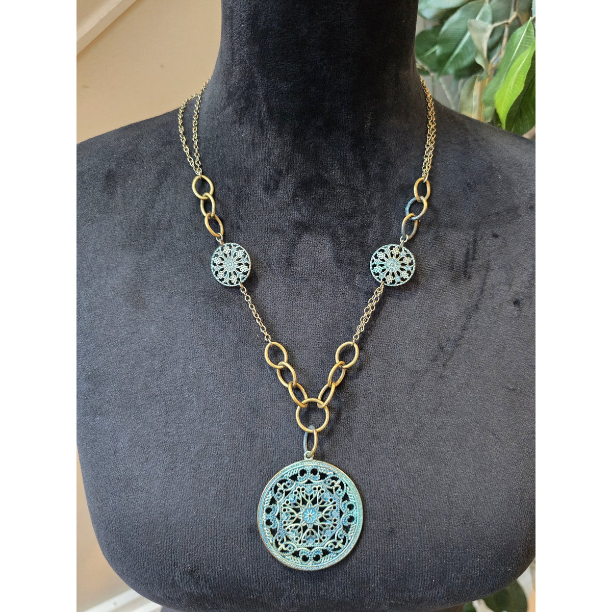 Women's Gold-Tone Blue Filigree 3-Medallion Pendant Necklace with Lobster Clasp
