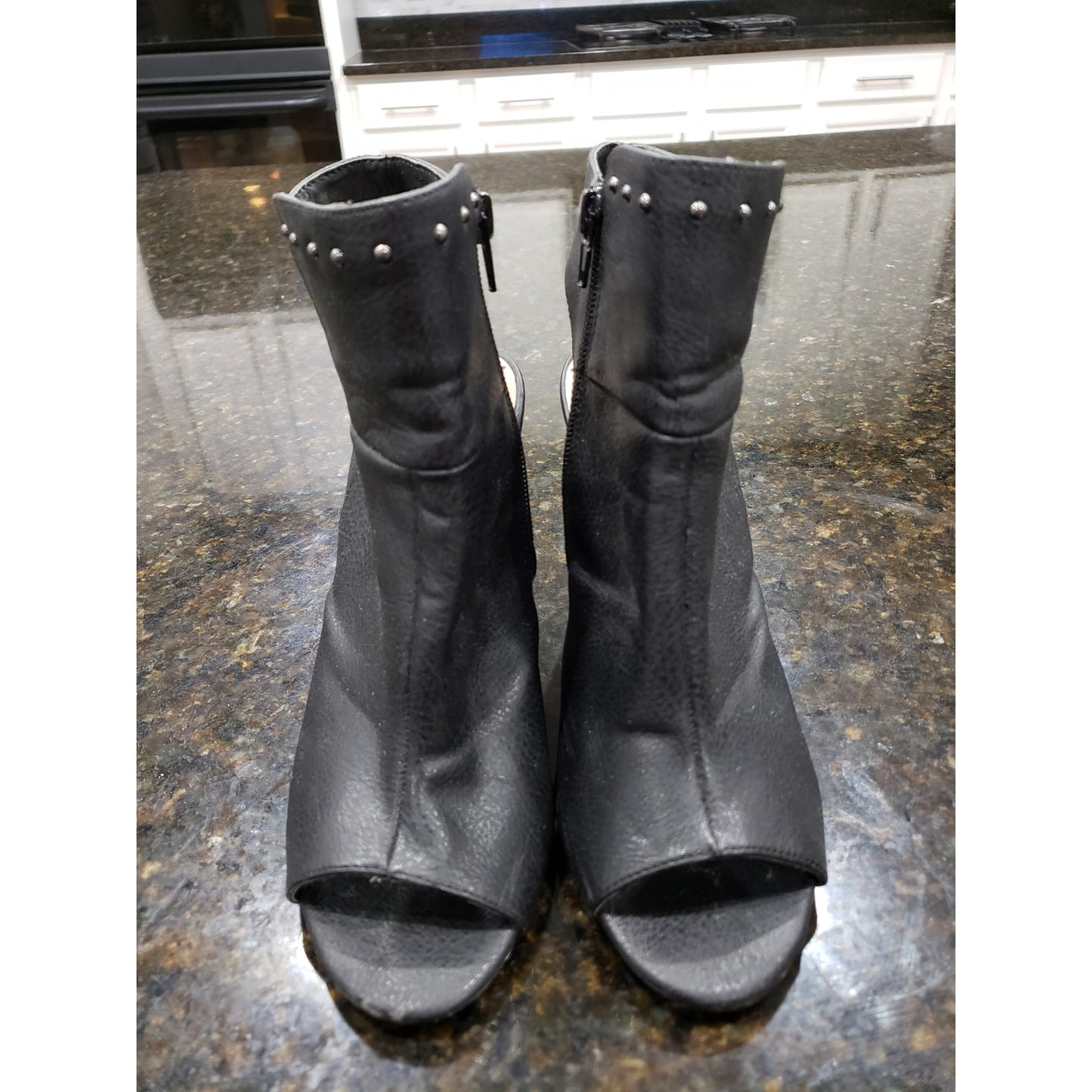 Penny Loves Kenny Ankle Boots Womens Size 7.5M Black Leather Studded Open Toe