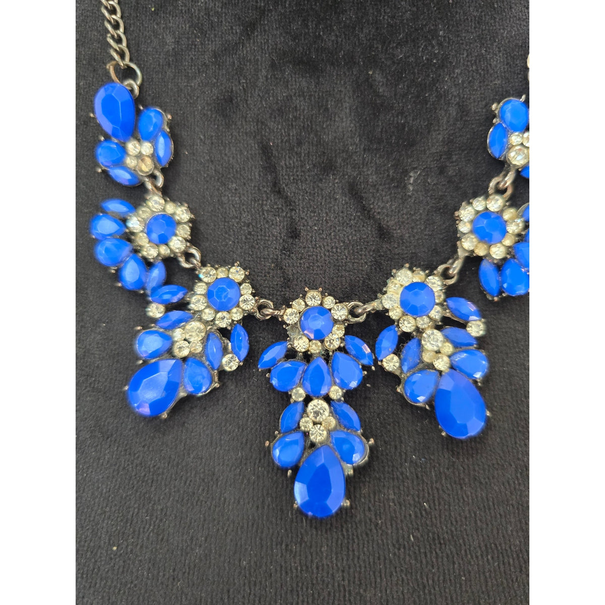 Royal Blue Rhinestone Crystal Floral Bib Statement Necklace