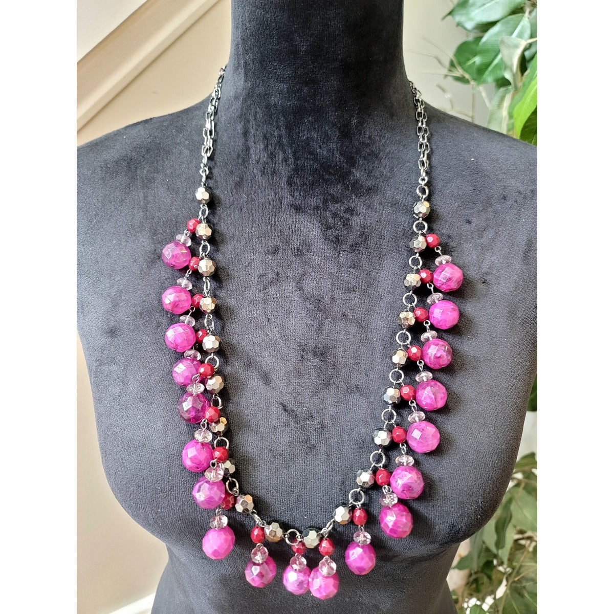 Pink Faceted Bead Statement Necklace Double Strand Gunmetal Chain Bib Jewelry
