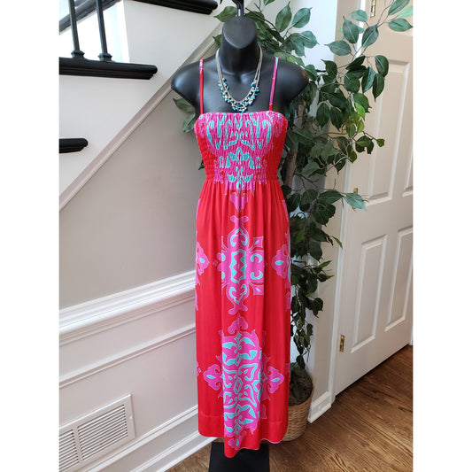India Boutique Long Maxi Dress Women's S Red Floral Smocked Adjustable Straps S