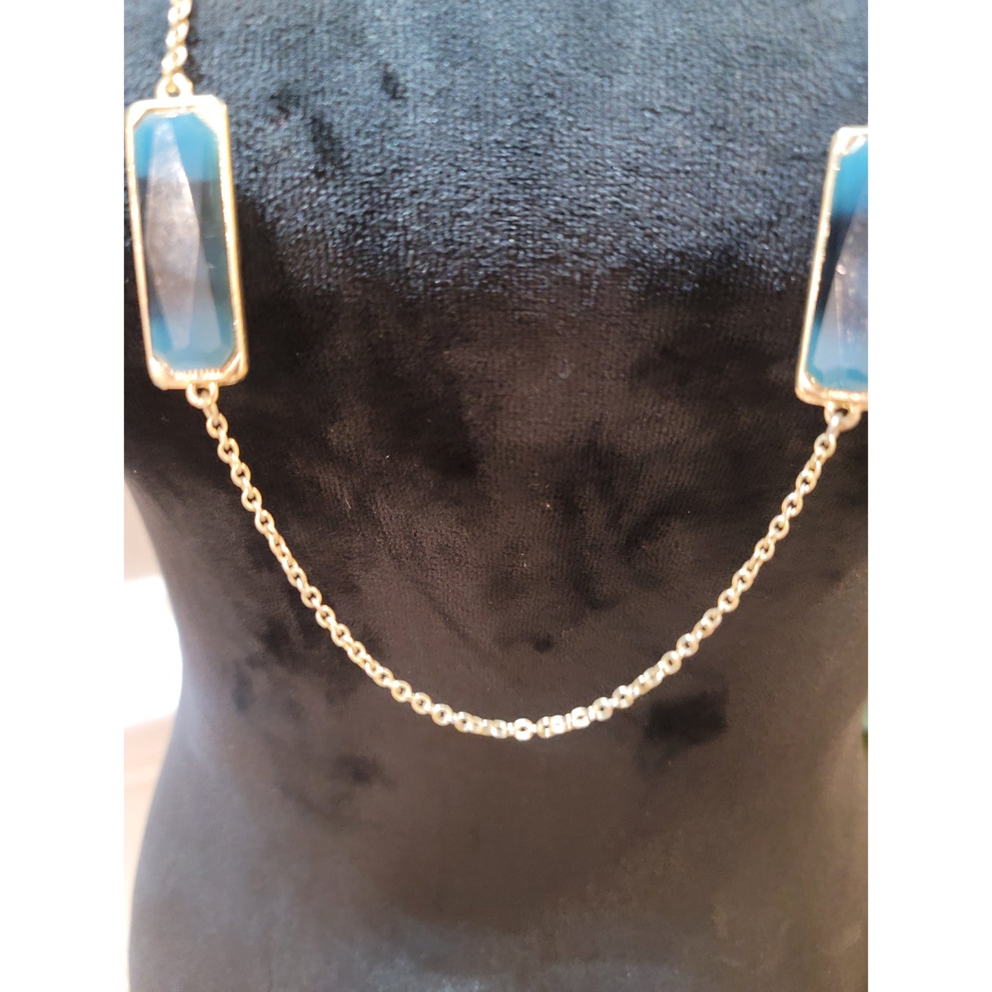 Women’s Gold Tone Long Chain Necklace With Blue Rectangular Stones Lobster Lock