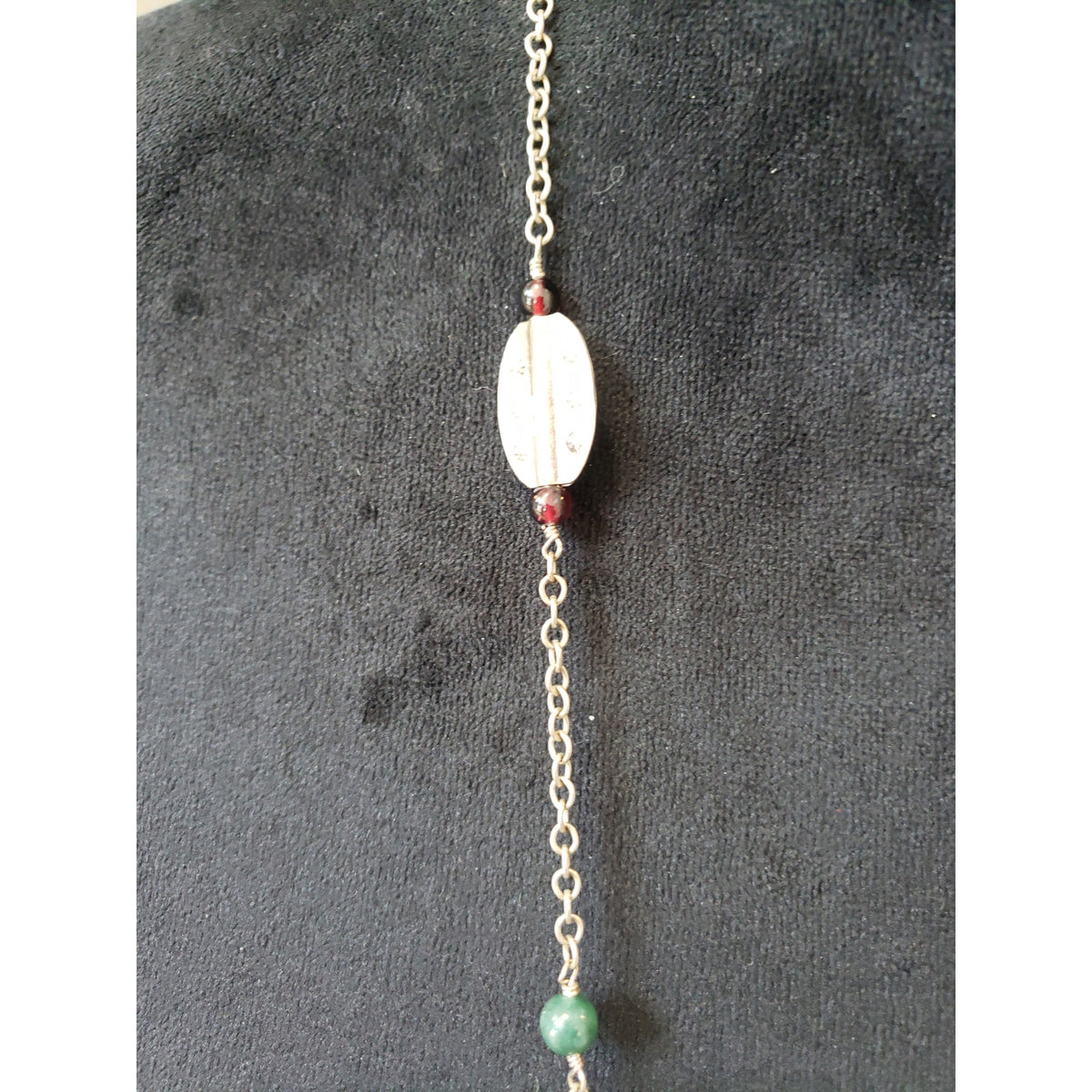 Women Long Beaded Necklace Garnet Amethyst Green Agate Silver Tone Chain
