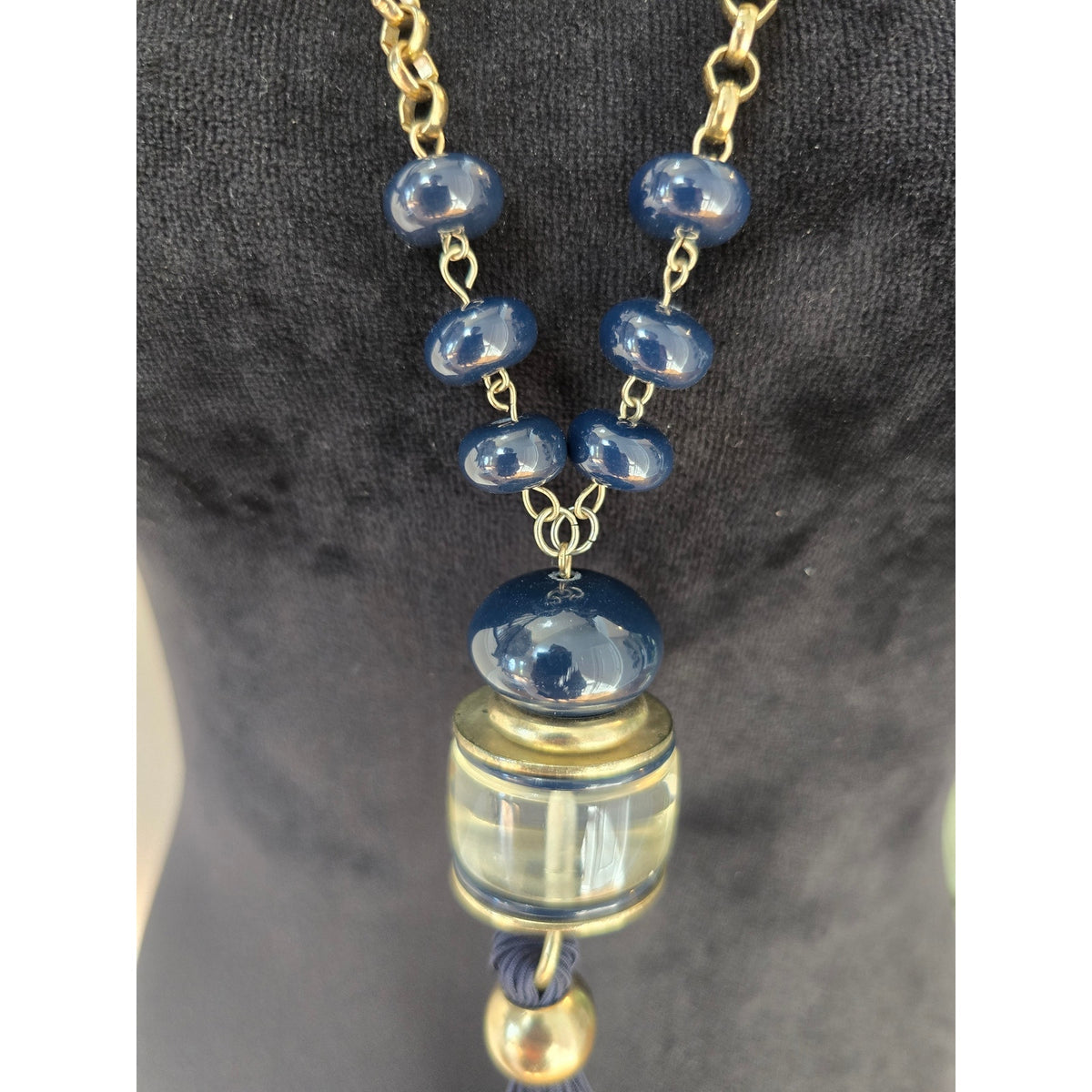 Navy Blue Beaded Gold Tone Tassel Long Pendant Necklace