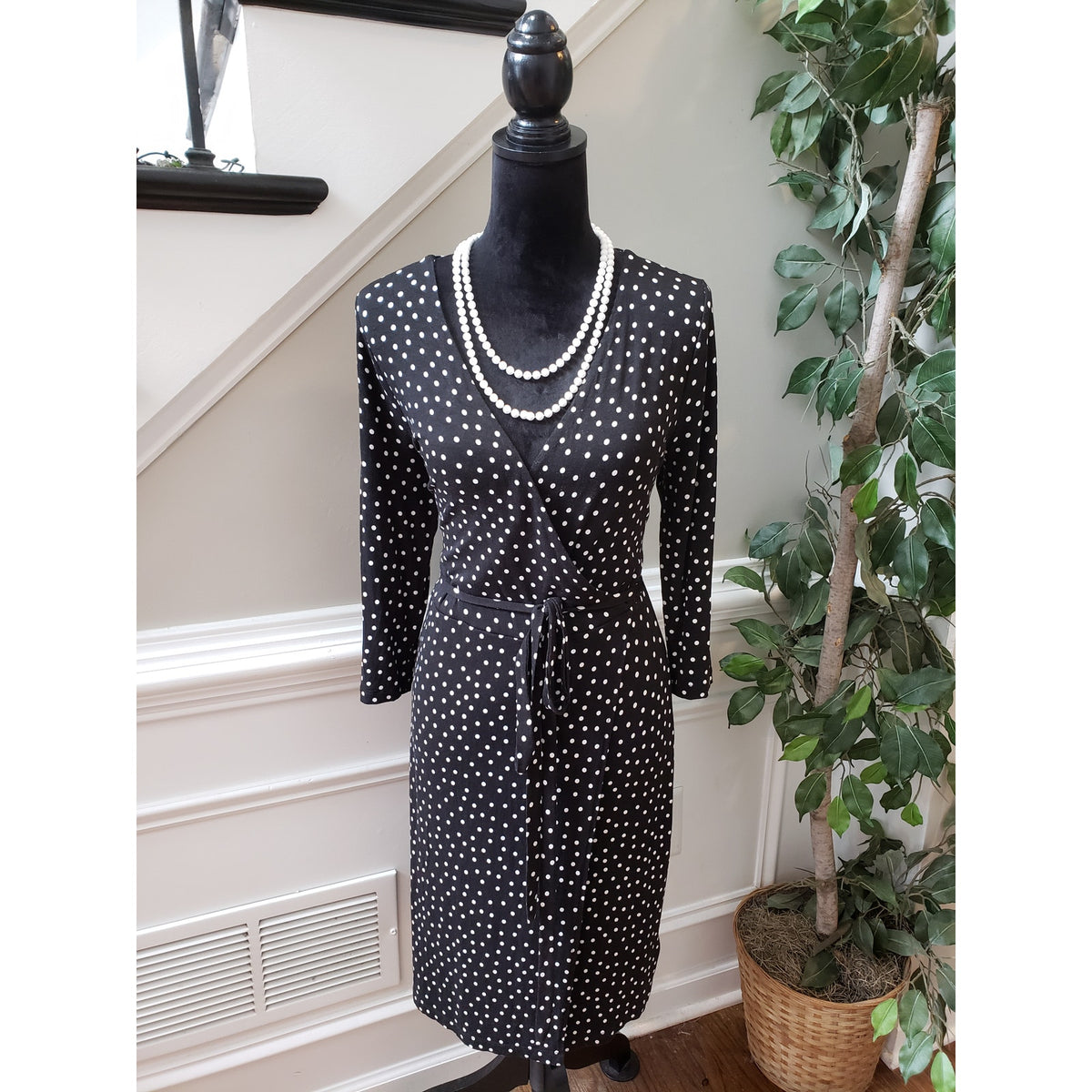 A New Day Polka Dot Dress Women's M Black White Wrap Belted Long Sleeve