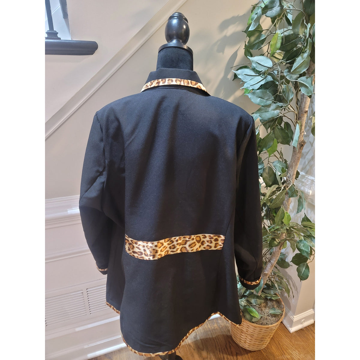 Allison Wood Longline Blazer Women's SZ 20W Black Leopard Print Faux Pocket