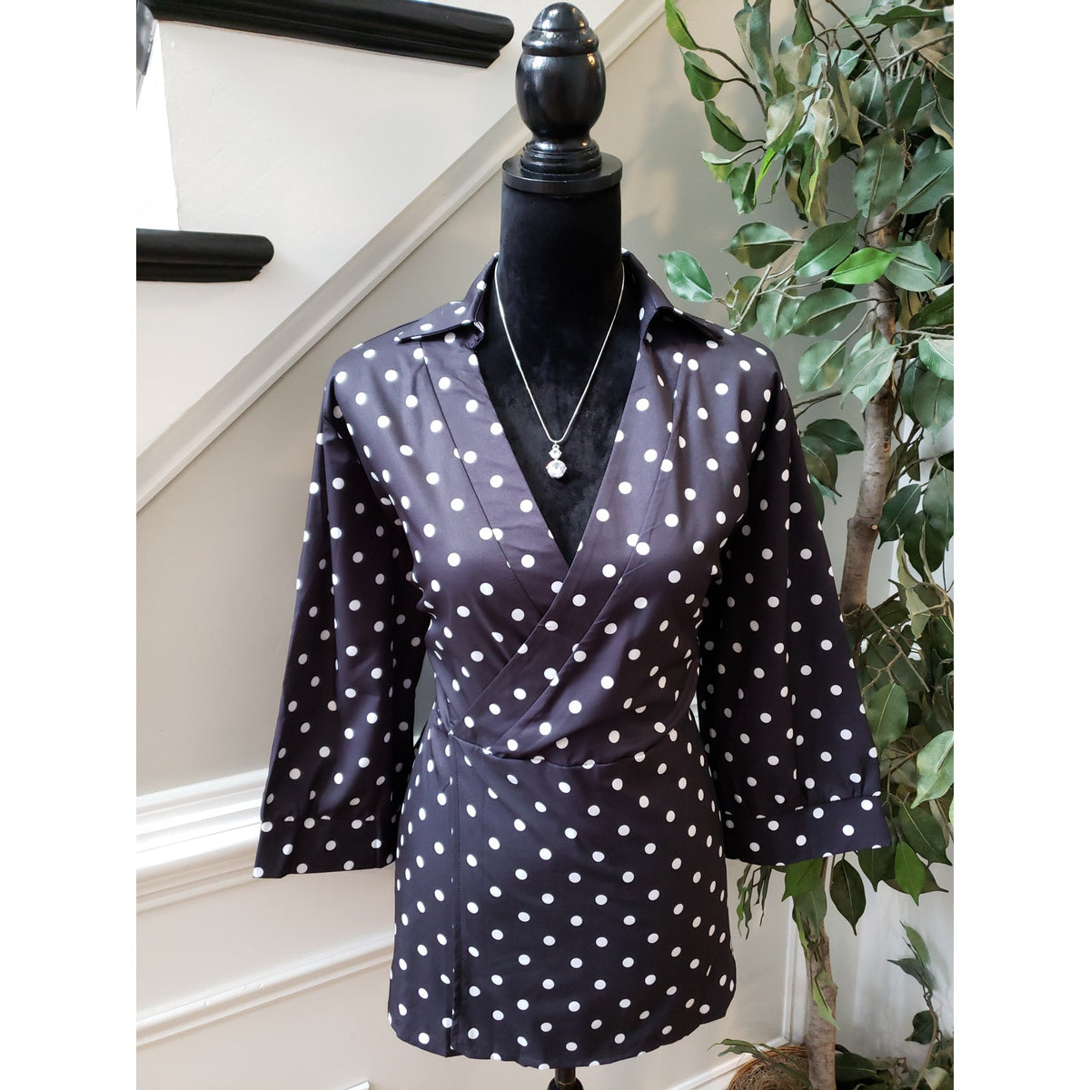 Zara Blouse Women XL Black White Polka Dot Wrap Top 3/4 Sleeve Dressy Shirt