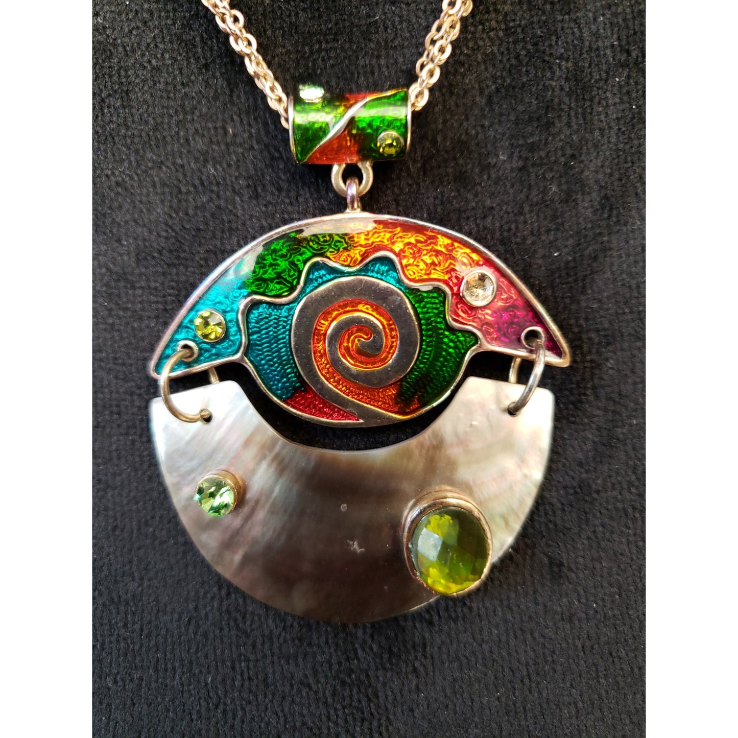 Women Multicolor Enamel Mother of Pearl Pendant Necklace Gold Chain Boho Style