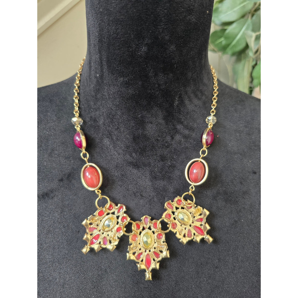 Coral Pink Floral Crystal Statement Necklace