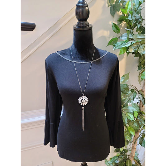 White House Black Market Top Women's Size Large Black Boat Neck Long Sleeves