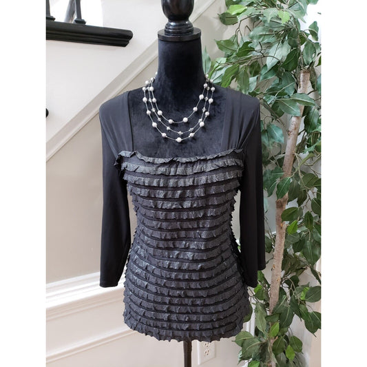 AGB Women's Black & Gray Polyester Square Neck Long Sleeve Top Blouse Size Large