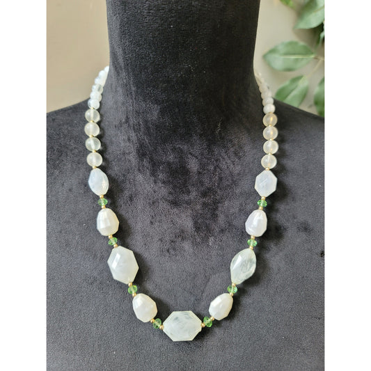 Women's Faceted White Bead Necklace with Green Crystal Accents and Spring Ring