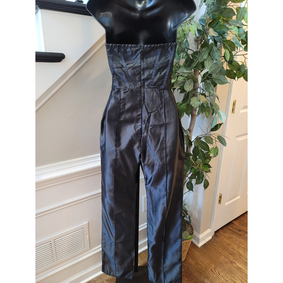 PrettyLittleThing Strapless Satin Jumpsuit Women's US 4 Black 100% Polyester