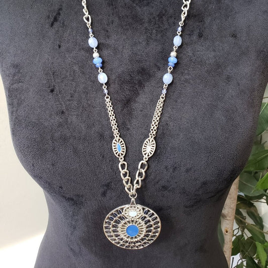 Womens Blue White Crystel Beads Round Pendant Necklace with Lobster Clasp