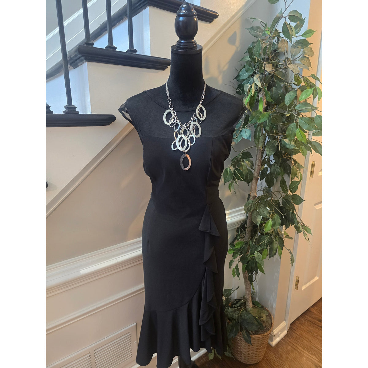 R&M Richards Midi Dress Women's SZ 8 Black Ruffle Flute Hem Asymmetric Cascade