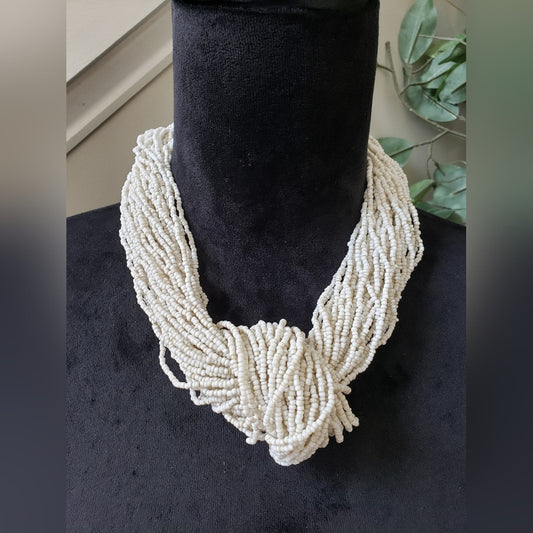 Women's Fashion White Bohemian Glass Seed Beads Multi Strand Statement Necklace