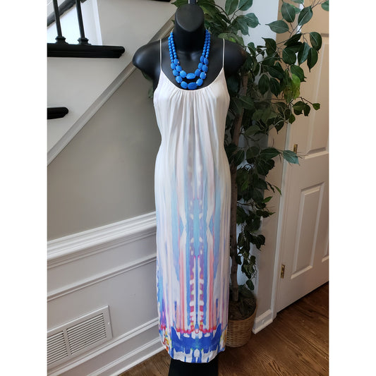 Tangerine NYC Long Maxi Dress Women's S White & Blue Solid Scoop Neck Sleeveless