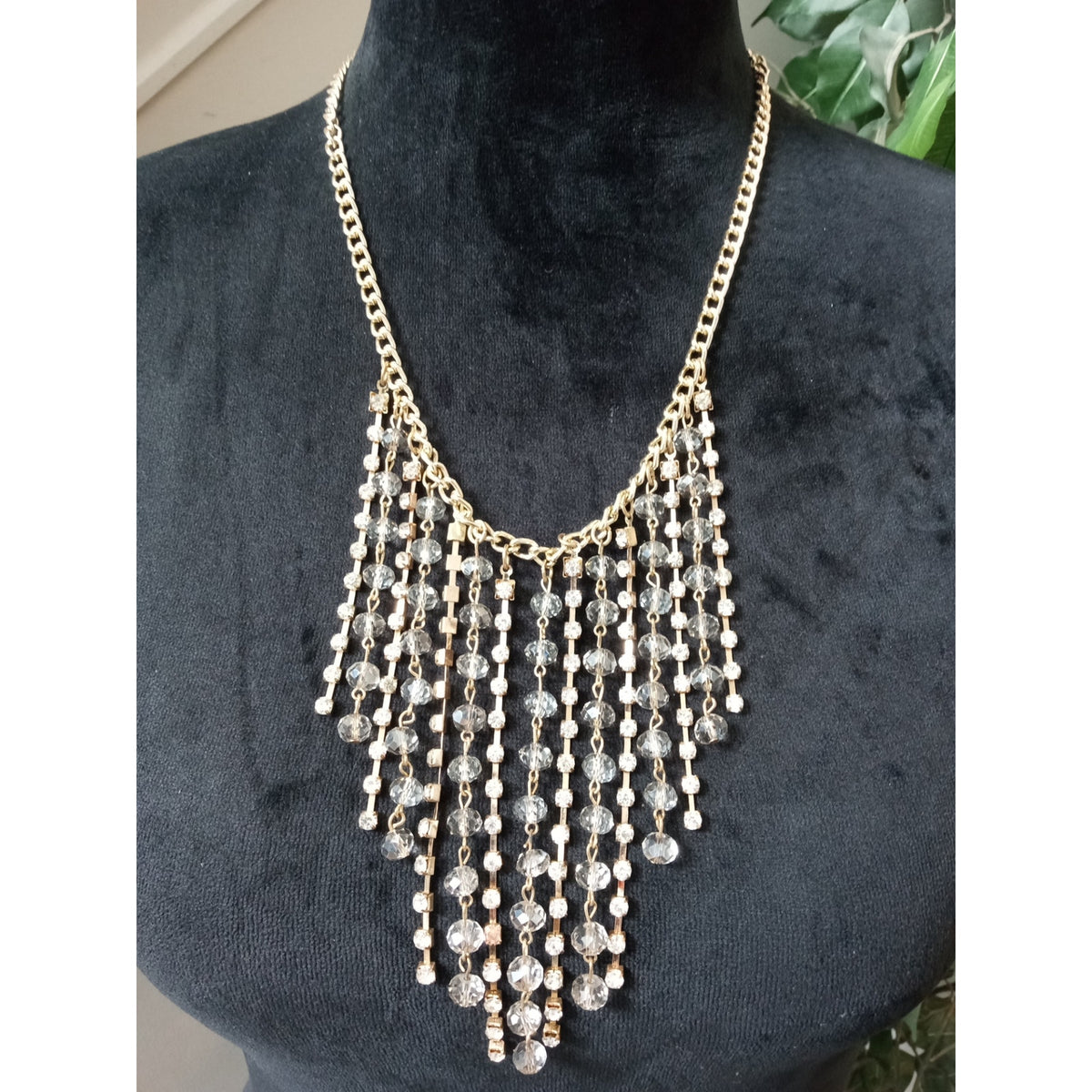 Gold Tone Rhinestone Crystal Fringe Bib Statement Necklace Glam Sparkle