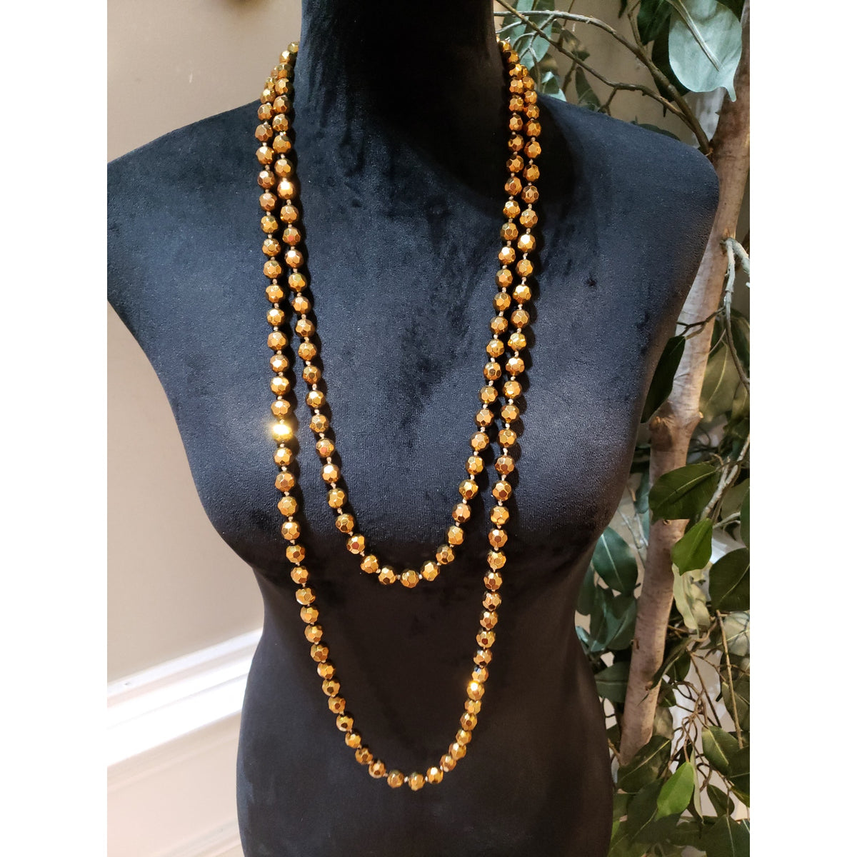 Womens Fashion Hand-Knotted Golden Faceted Glass Beaded Long Necklace Jewelry