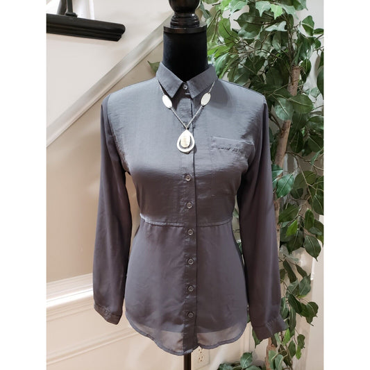 APT. 9 Women Black Sheer Polyester Collared Long Sleeve Button Down Shirt XS